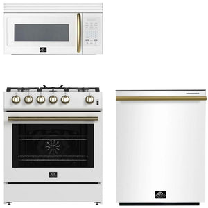 FORNO Espresso Package - 30" Gas Range, Over-The-Range Microwave and Dishwasher in White with Antique Brass Accents, AP3-1116WHT-A9