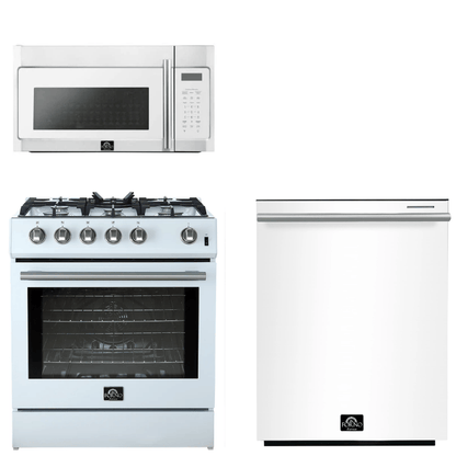 FORNO Espresso Package - 30" Gas Range, Over-The-Range Microwave and Dishwasher in White with Silver Accents, AP3-1116WHT-S10