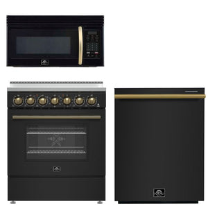 FORNO Paolo Package - 30" Electric Range, Over-The-Range Microwave and Dishwasher in Black with Antique Brass Accents, AP3-6011BLK-A9