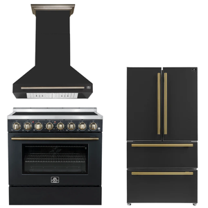 FORNO Appliance Package - 36" Electric Range, Range Hood, 36" Refrigerator in Black with Antique Brass Accents