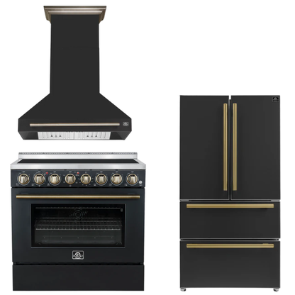 FORNO Appliance Package - 36" Electric Range, Range Hood, 36" Refrigerator in Black with Antique Brass Accents