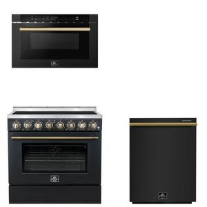 FORNO Appliance Package - 36" Electric Range, Dishwasher, Microwave in Black with Antique Brass Accents