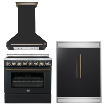 FORNO Appliance Package - 36" Electric Range, Range Hood, 60" Refrigerator in Black with Antique Brass Accents