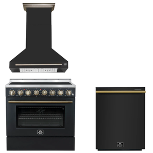FORNO Appliance Package - 36" Electric Range, Range Hood, Dishwasher in Black with Antique Brass Accents