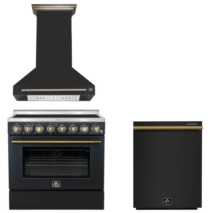 FORNO Appliance Package - 36" Electric Range, Range Hood, Dishwasher in Black with Antique Brass Accents