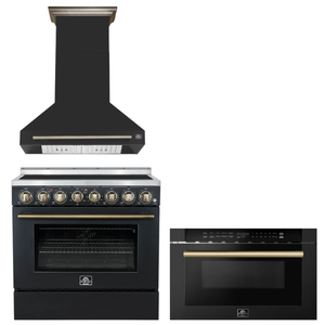 FORNO Appliance Package - 36" Electric Range, Range Hood, Microwave in Black with Antique Brass Accents