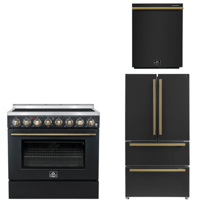 FORNO Appliance Package - 36" Electric Range, 36" Refrigerator, Dishwasher in Black with Antique Brass Accents