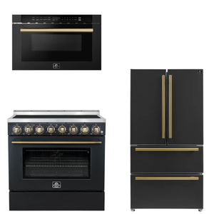 FORNO Appliance Package - 36" Electric Range, 36" Refrigerator, Microwave in Black with Antique Brass Accents