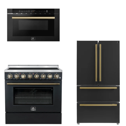 FORNO Appliance Package - 36" Electric Range, 36" Refrigerator, Microwave in Black with Antique Brass Accents