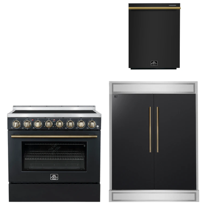 FORNO Appliance Package - 36" Electric Range, 60" Refrigerator, Dishwasher in Black with Antique Brass Accents