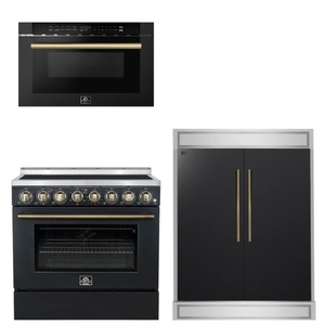 FORNO Appliance Package - 36" Electric Range, 60" Refrigerator, Microwave in Black with Antique Brass Accents