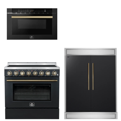 FORNO Appliance Package - 36" Electric Range, 60" Refrigerator, Microwave in Black with Antique Brass Accents