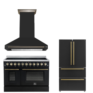 FORNO Appliance Package - 48" Electric Range, Range Hood, 36" Refrigerator in Black with Antique Brass Accents