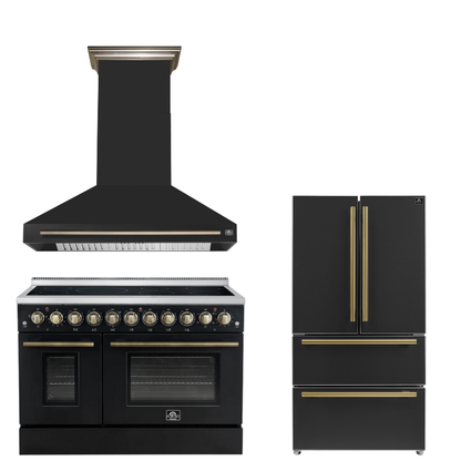FORNO Appliance Package - 48" Electric Range, Range Hood, 36" Refrigerator in Black with Antique Brass Accents