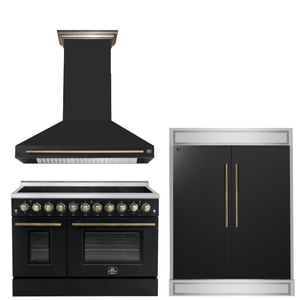 FORNO Appliance Package - 48" Electric Range, Range Hood, 60" Refrigerator in Black with Antique Brass Accents