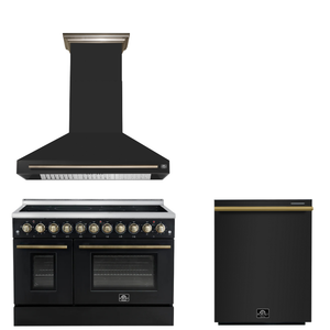 FORNO Appliance Package - 48" Electric Range, Range Hood, Dishwasher in Black with Antique Brass Accents