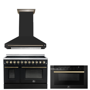 FORNO Appliance Package - 48" Electric Range, Range Hood, Microwave in Black with Antique Brass Accents