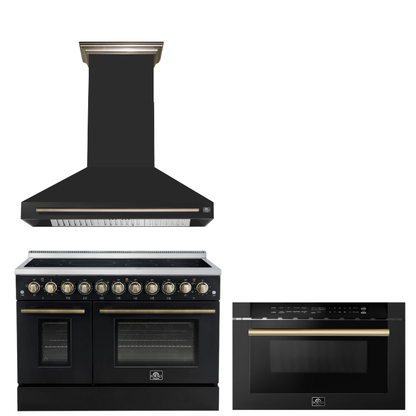 FORNO Appliance Package - 48" Electric Range, Range Hood, Microwave in Black with Antique Brass Accents