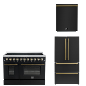 FORNO Appliance Package - 48" Electric Range, 36" Refrigerator, Dishwasher in Black with Antique Brass Accents