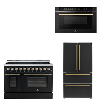 FORNO Appliance Package - 48" Electric Range, 36" Refrigerator, Microwave in Black with Antique Brass Accents