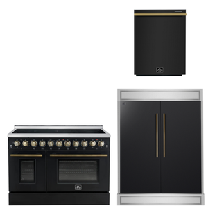 FORNO Appliance Package - 48" Electric Range, 60" Refrigerator, Dishwasher in Black with Antique Brass Accents