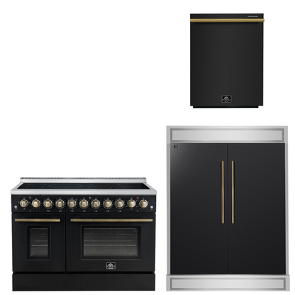 FORNO Appliance Package - 48" Electric Range, 60" Refrigerator, Dishwasher in Black with Antique Brass Accents