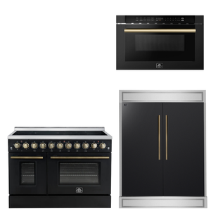 FORNO Appliance Package - 48" Electric Range, 60" Refrigerator, Microwave in Black with Antique Brass Accents