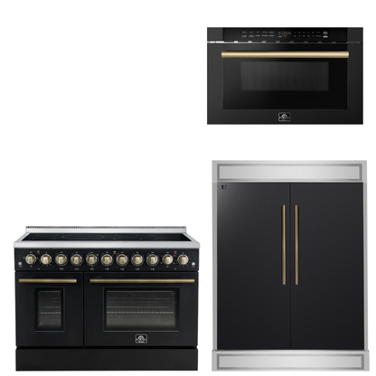 FORNO Appliance Package - 48" Electric Range, 60" Refrigerator, Microwave in Black with Antique Brass Accents