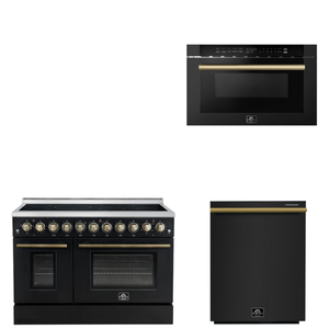 FORNO Appliance Package - 48" Electric Range, Dishwasher, Microwave in Black with Antique Brass Accents