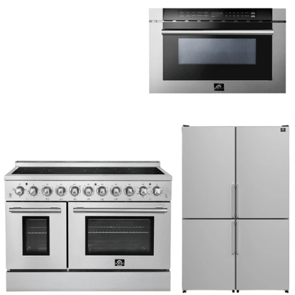 FORNO Appliance Package - 48" Electric Range, 48" Refrigerator and 24" Microwave Drawer