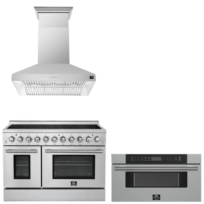 FORNO Appliance Package - 48" Electric Range, Range Hood and 30" Microwave Drawer