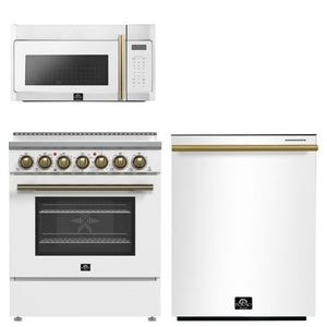 FORNO Paolo Package - 30" Electric Range, Over-The-Range Microwave and Dishwasher in White with Antique Brass Accents, AP3-6011WHT-A10