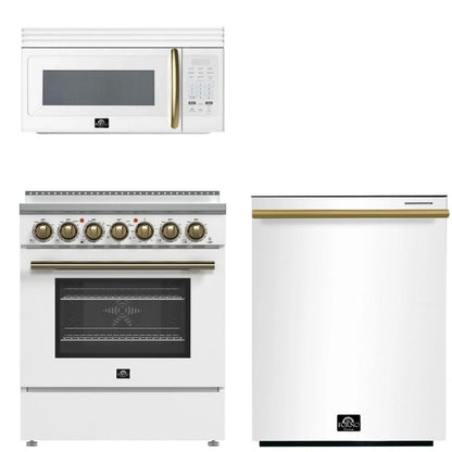 FORNO Paolo Package - 30" Electric Range, Over-The-Range Microwave and Dishwasher in White with Antique Brass Accents, AP3-6011WHT-A9
