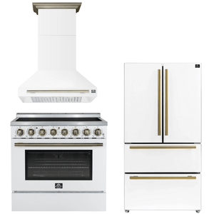FORNO Appliance Package - 36" Electric Range, Range Hood, 36" Refrigerator in White with Antique Brass Accents