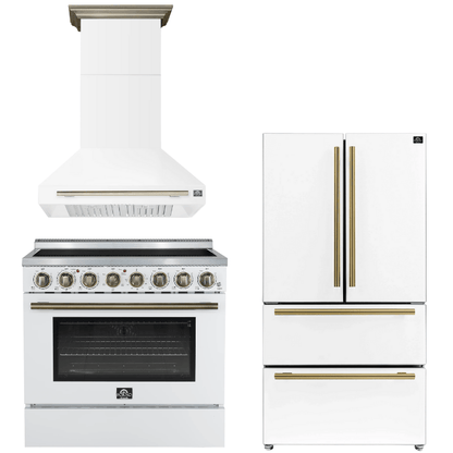 FORNO Appliance Package - 36" Electric Range, Range Hood, 36" Refrigerator in White with Antique Brass Accents