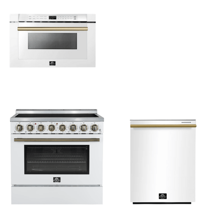 FORNO Appliance Package - 36" Electric Range, Dishwasher, Microwave in White with Antique Brass Accents