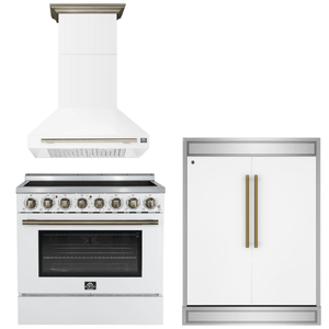 FORNO Appliance Package - 36" Electric Range, Range Hood, 60" Refrigerator in White with Antique Brass Accents