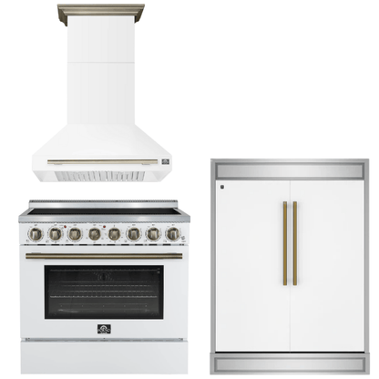 FORNO Appliance Package - 36" Electric Range, Range Hood, 60" Refrigerator in White with Antique Brass Accents