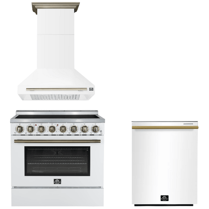 FORNO Appliance Package - 36" Electric Range, Range Hood, Dishwasher in White with Antique Brass Accents