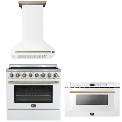 FORNO Appliance Package - 36" Electric Range, Range Hood, Microwave in White with Antique Brass Accents