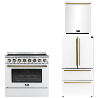 FORNO Appliance Package - 36" Electric Range, 36" Refrigerator, Dishwasher in White with Antique Brass Accents