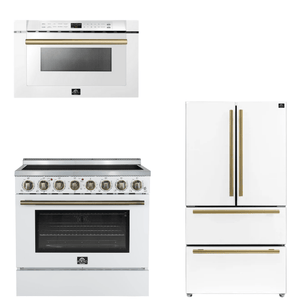 FORNO Appliance Package - 36" Electric Range, 36" Refrigerator, Microwave in White with Antique Brass Accents