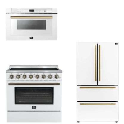 FORNO Appliance Package - 36" Electric Range, 36" Refrigerator, Microwave in White with Antique Brass Accents