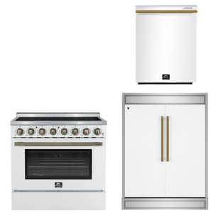 FORNO Appliance Package - 36" Electric Range, 60" Refrigerator, Dishwasher in White with Antique Brass Accents