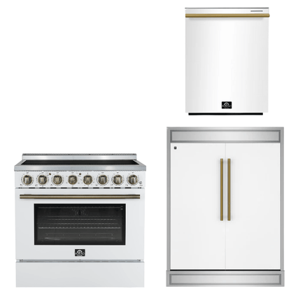 FORNO Appliance Package - 36" Electric Range, 60" Refrigerator, Dishwasher in White with Antique Brass Accents