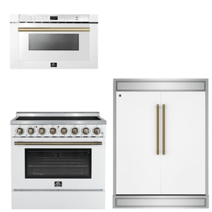 FORNO Appliance Package - 36" Electric Range, 60" Refrigerator, Microwave in White with Antique Brass Accents