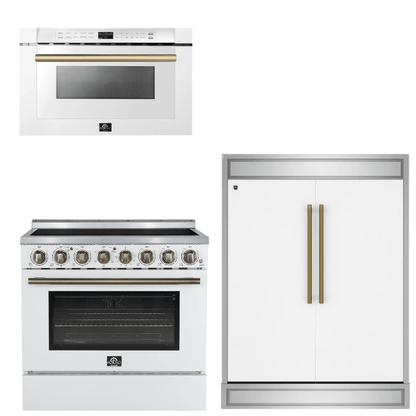 FORNO Appliance Package - 36" Electric Range, 60" Refrigerator, Microwave in White with Antique Brass Accents