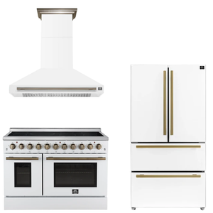 FORNO Appliance Package - 48" Electric Range, Range Hood, 36" Refrigerator in White with Antique Brass Accents