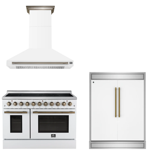 FORNO Appliance Package - 48" Electric Range, Range Hood, 60" Refrigerator in White with Antique Brass Accents