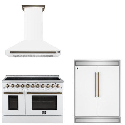 FORNO Appliance Package - 48" Electric Range, Range Hood, 60" Refrigerator in White with Antique Brass Accents